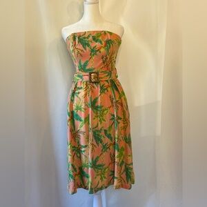 Monteau Strapless Smocked Back Linen Blend Mini Dress Pockets Tropical  Small